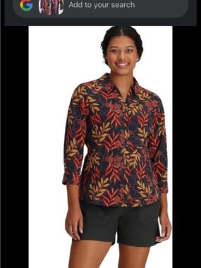 Royal Robbins Navy Button-Front Shirt with Red and Gold Leaf Print